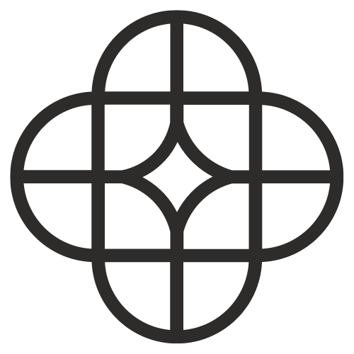 A black and white geometric pattern with interconnected curved and straight lines forming a symmetrical, ornate design.