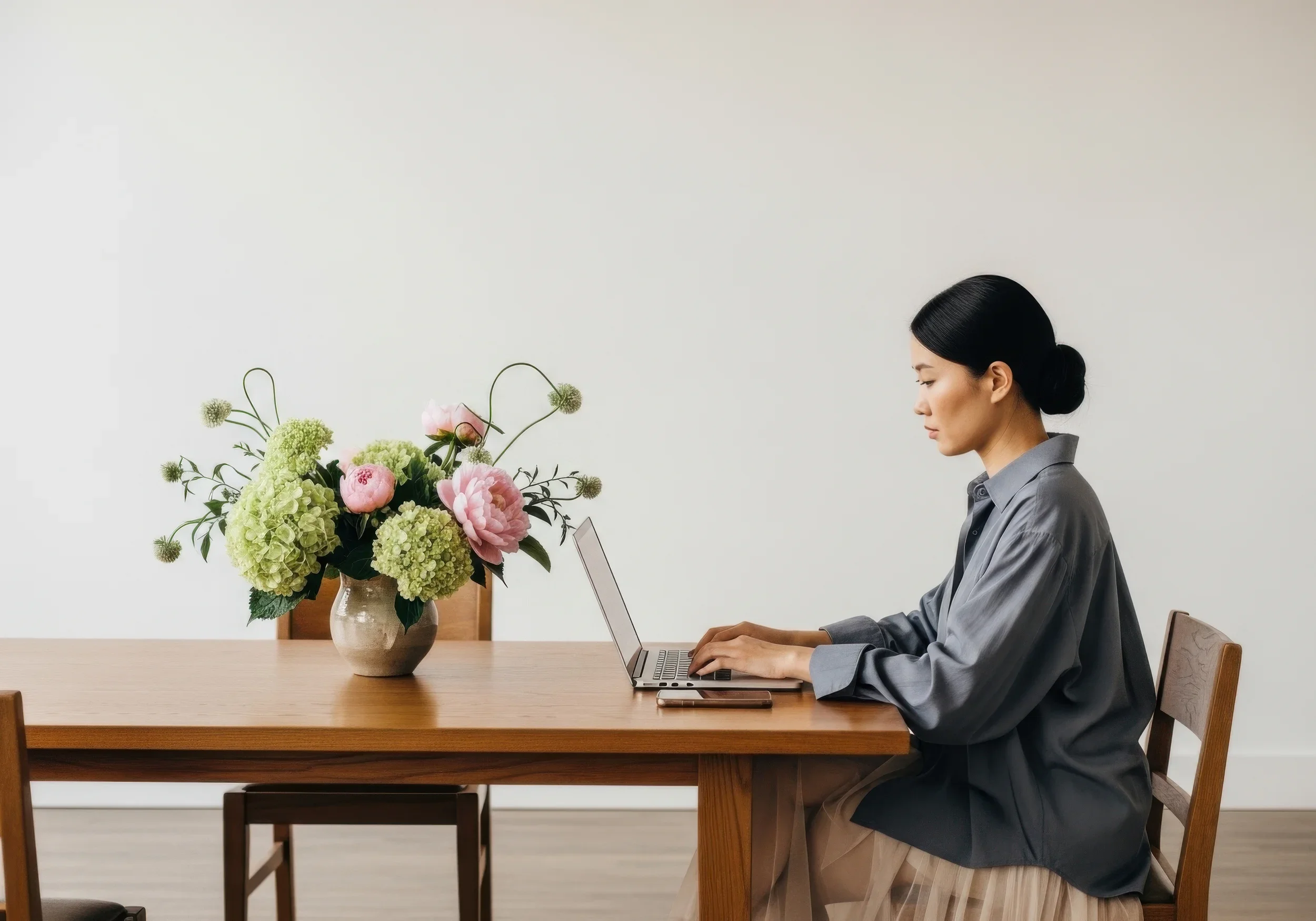 Woman with tied-back black hair working on a laptop at a wooden dining table with a bouquet of pink and green flowers in a gray vase, against a plain white wall.