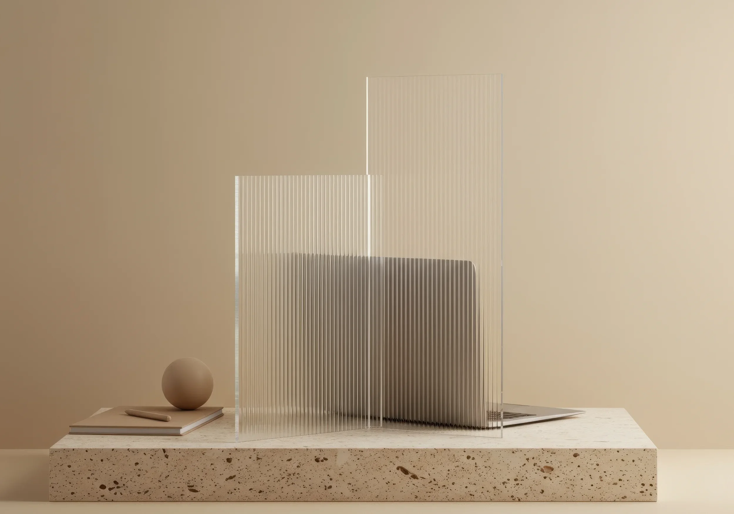 A minimalist workspace with a textured beige surface, a closed silver laptop, clear ribbed acrylic divider, a beige ball, and a closed notebook with a tan pen, against a plain beige background.