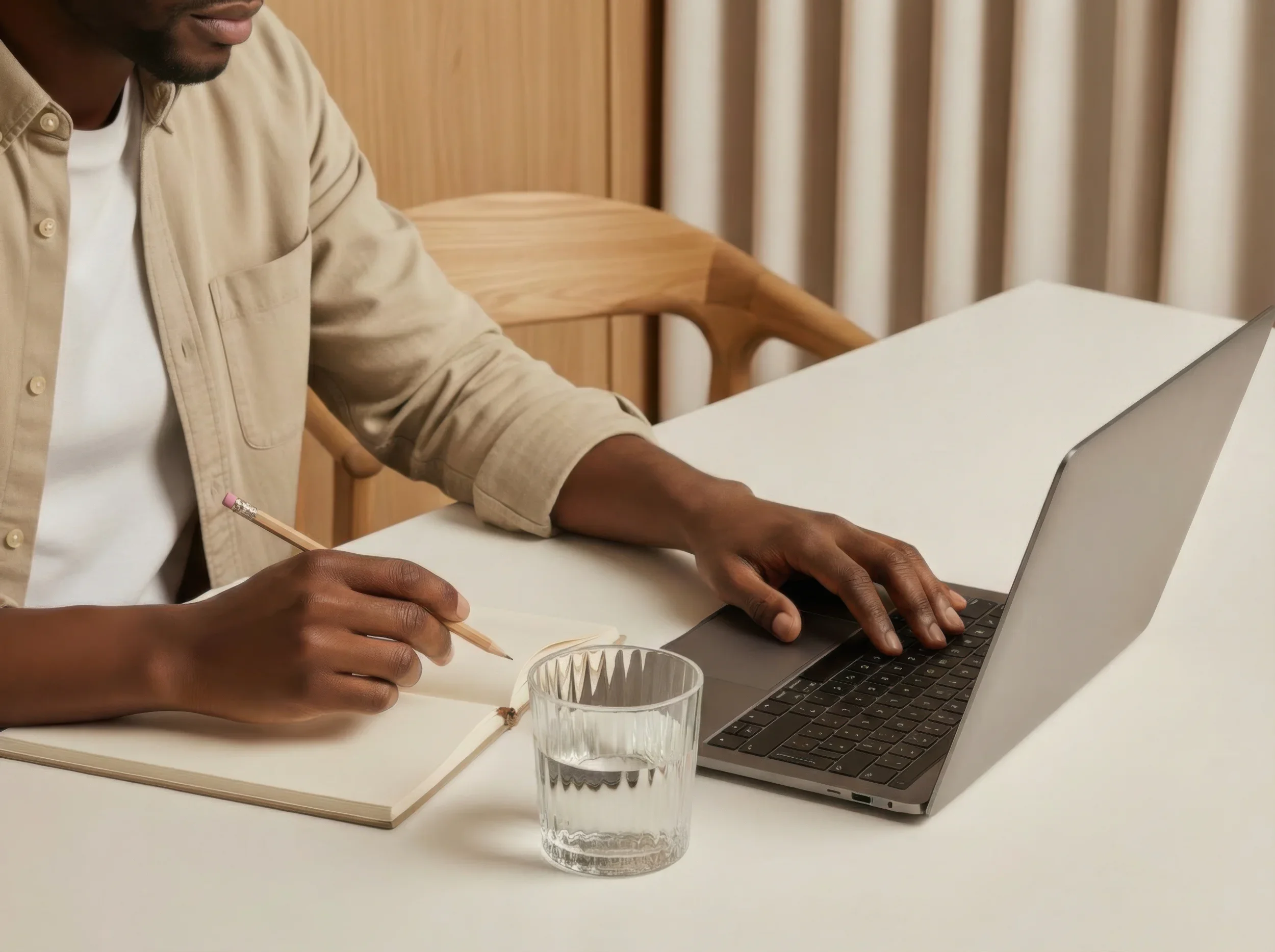 Person working on a laptop and writing in a notebook at a white table with a glass of water nearby.